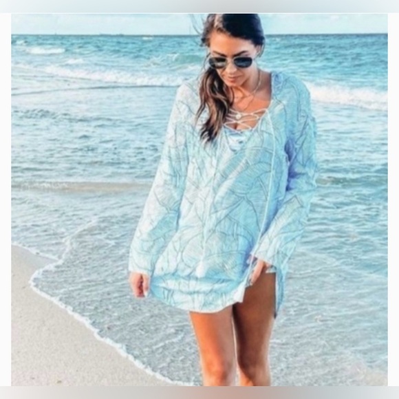 Charlie Holiday Blue and White Lace-Up Swim Coverup Size OS - Picture 2 of 8